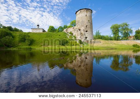 Gremyachaya Tower On The Pskova River On A Sunny Summer Day. Pskov, Russia