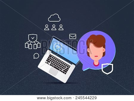 Laptop Chat Woman Bubbles, Data Privacy Computing Center With Infographic, Network And Database, Int