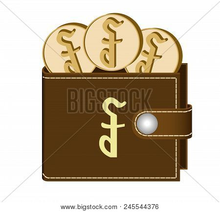 Brown  Wallet With Riel Coins On A White Background , Currency In The Wallet,sign And Symbol Currenc