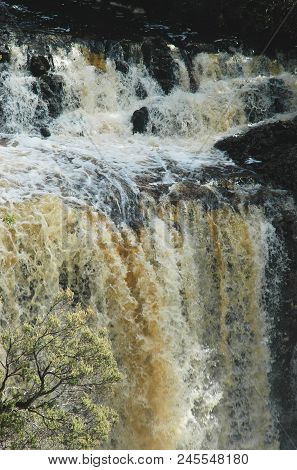 A River In Flood Has Formed A Waterfall Over A Cliff. The Water Is Muddy, With White Foam. A Tree Is