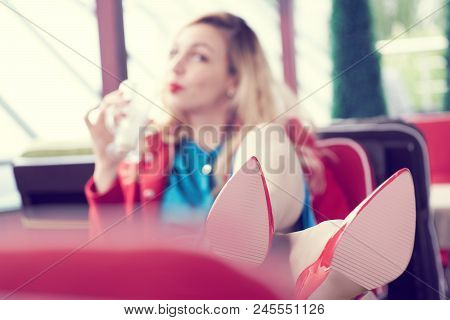 Closeup Fof Pretty Stylish Fashion Girl Having Fun Drinking Milkshake In A Cafe Outdoors.photo With 