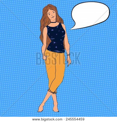 Vector Hipster Teenage Girl With Long Hair And Chocker On Her Neck. Beauty Character Illustration Wi