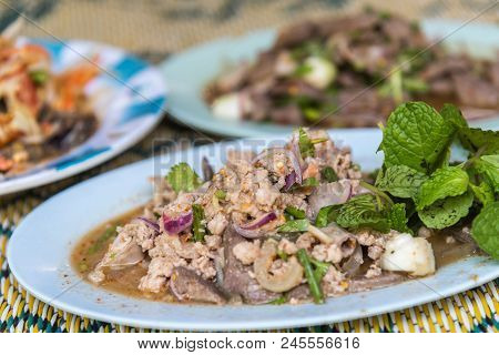 Spicy Minced Pork Salad Or Ground Pork Salad (laab) Is A Thai Food For Health Consists Of Pork, Grou