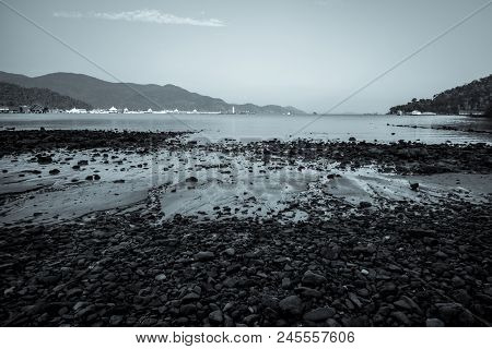 Low Tide At Lonely Rocky Beach On Island