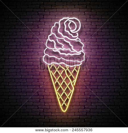 Vintage Glow Signboard With Ice Cream Cone And Ball. Cafe Flyer Template. Shiny Neon Light Poster, B