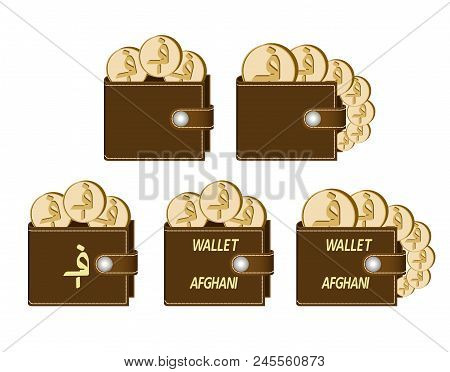 Set Of Brown  Wallets With Afghani Coins On A White Background , Currency In The Wallet,sign And Sym