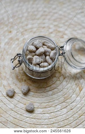Still Life Of Healthy Food And Dietary Nutrition, Oat Bran In The Form Of Large Granules In A Glass