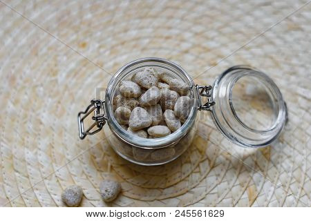 Still Life Of Healthy Food And Dietary Nutrition, Oat Bran In The Form Of Large Granules In A Glass