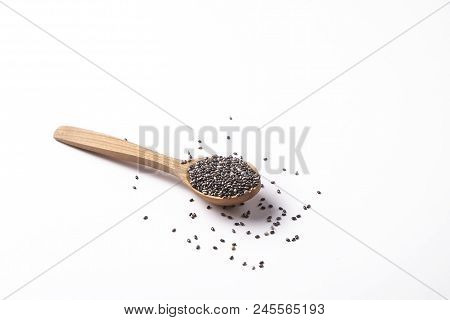 Minimalistic Composition With Chia Seeds On Table. Healthy Nutritious Food.