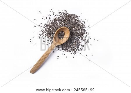 Minimalistic Composition With Chia Seeds On Table. Healthy Nutritious Food.