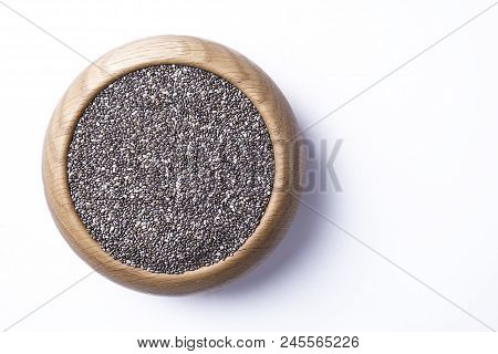 Minimalistic Composition With Chia Seeds On Table. Healthy Nutritious Food.
