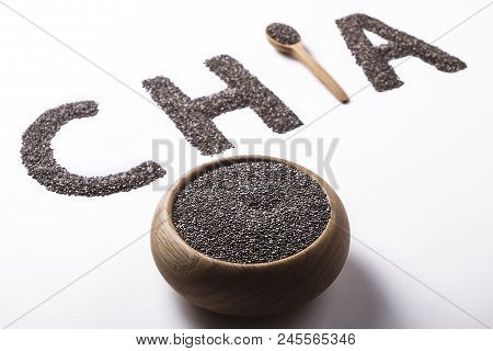 Minimalistic Composition With Chia Seeds On Table. Healthy Nutritious Food.