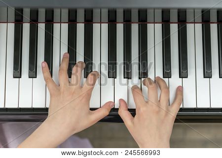 Children's Hands Are Playing The Piano. Child's Hand On Piano Keys.