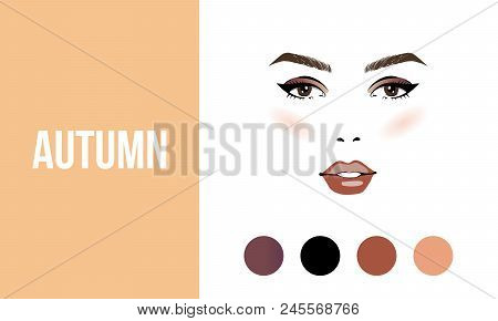 Face Makeup Autumn Type Of Female Appearance. Face Of Young Woman. Seasonal Color Analysis Palette. 