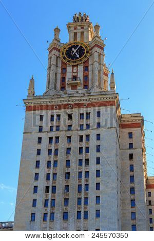 Moscow, Russia - June 02, 2018: Tower Of Lomonosov Moscow State University (msu) With Clock Against 