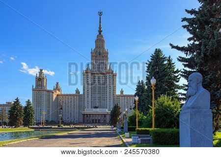 Moscow, Russia - June 02, 2018: View Of Main Building Of Lomonosov Moscow State University (msu) On 