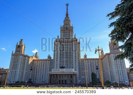 Moscow, Russia - June 02, 2018: Main Building Of Lomonosov Moscow State University (msu) Against Blu