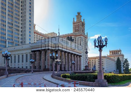 Moscow, Russia - June 02, 2018: Main Entrance To The Building Of Lomonosov Moscow State University (