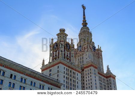 Moscow, Russia - June 02, 2018: Lomonosov Moscow State University (msu) Towers On A Blue Sky Backgro