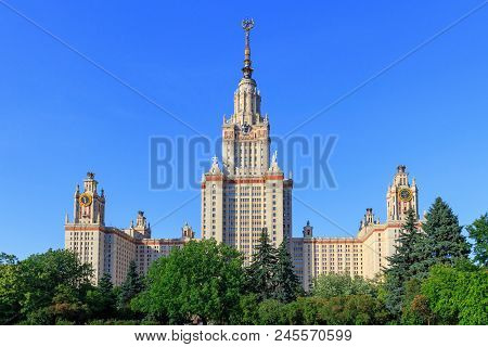 Moscow, Russia - June 02, 2018: Buildings Of Lomonosov Moscow State University (msu) Against Blue Sk