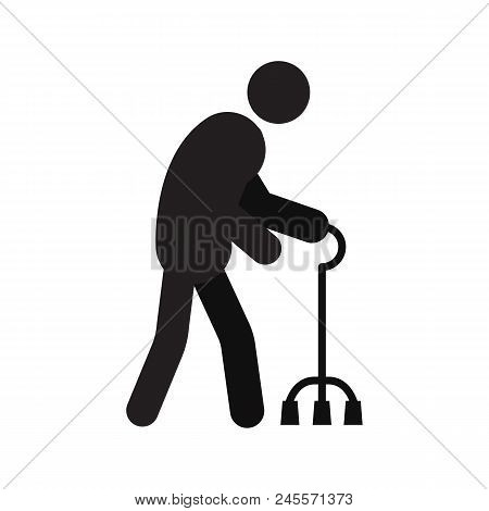 Old Man Going With Quad Cane Silhouette Icon. Grandfather With Four Legged Walking Stick. Isolated V