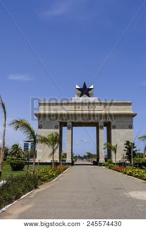 Looking Through The Arch Of Black Star Monument In Independence Square Accra Ghana Against Blue Sky