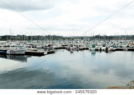 Morgat, France 29 May 2018 Panoramic Outdoor View Of Sete Marina Many Small Boats And Yachts Aligned