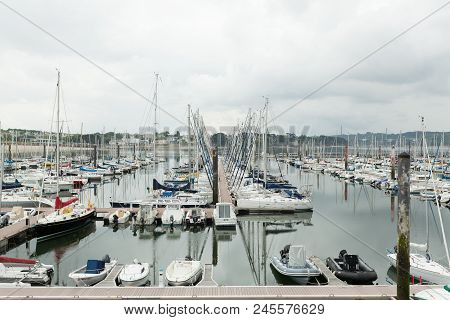 Morgat, France 29 May 2018 Panoramic Outdoor View Of Sete Marina Many Small Boats And Yachts Aligned
