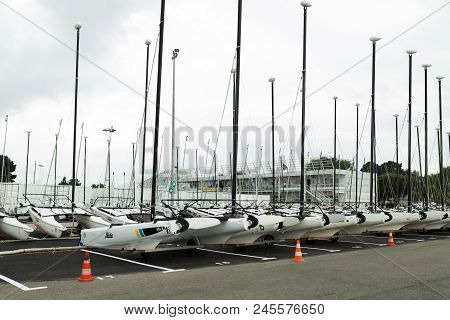 Morgat, France 29 May 2018 Catamarans Storage Without Sails Parked On The Beach.