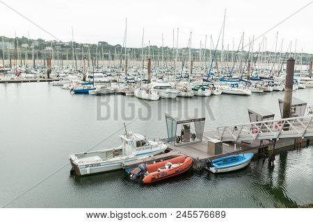 Morgat, France 29 May 2018 Panoramic Outdoor View Of Sete Marina Many Small Boats And Yachts Aligned