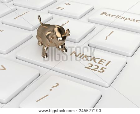 3d Render Closeup Of Computer Keyboard With Bull And Nikkei 225  Index Button. Stock Market Indexes 