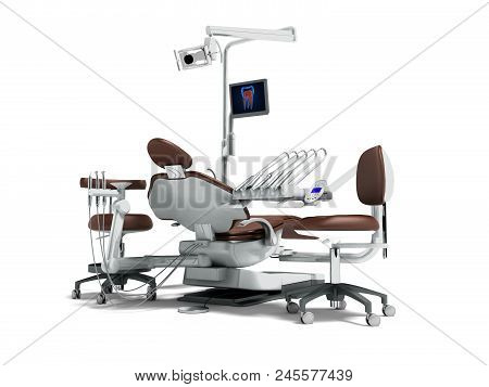 Modern Brown Dental Chair With Borax With Lighting And Monitor For Work Behind 3d Render On White Ba