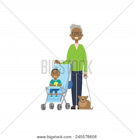 African Grandfather With Cat And Baby Grandchildren In Stroller, Multi Generation Family, Full Lengt