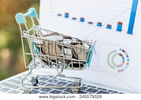 Thai Coin In The Trolley Or Mini Shopping Cart On Laptop Keyboard With Chart And Nature Background.