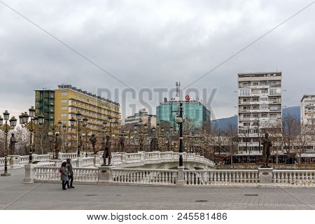 Skopje, Republic Of Macedonia - February 24, 2018:  Art Bridge And Vardar River  In City Of  Skopje,