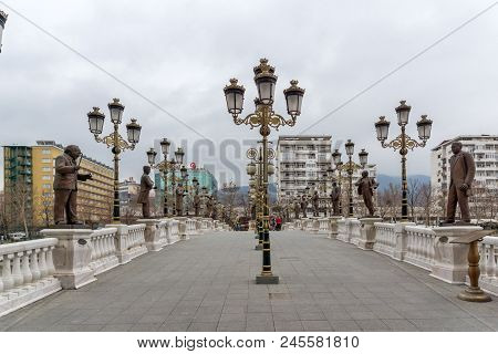 Skopje, Republic Of Macedonia - February 24, 2018:  Art Bridge And Vardar River  In City Of  Skopje,