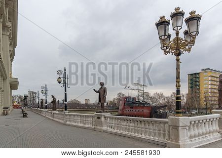 Skopje, Republic Of Macedonia - February 24, 2018:  Art Bridge And Vardar River  In City Of  Skopje,