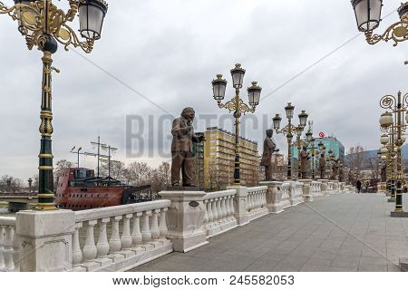 Skopje, Republic Of Macedonia - February 24, 2018:  Art Bridge And Vardar River  In City Of  Skopje,