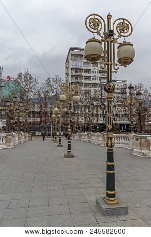 Skopje, Republic Of Macedonia - February 24, 2018:  Art Bridge And Vardar River  In City Of  Skopje,
