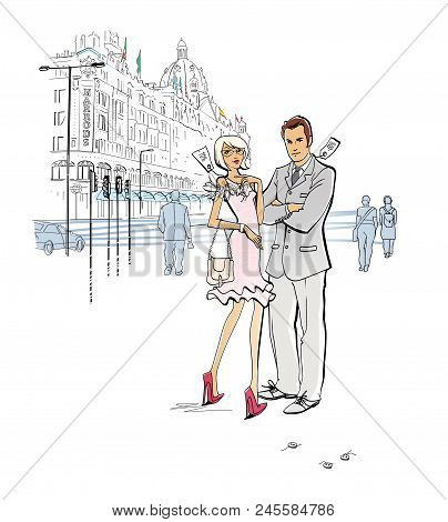 Shopping In London. Week Of Sales. Discounted Clothing. A Man And A Woman In Clothes With Markdown T