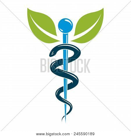 Aesculapius Vector Abstract Illustration Created Using Snakes And Green Leaves, Caduceus Symbol. Hea