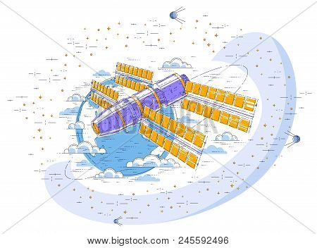 Space Station Flying Orbital Spaceflight Around Earth, Spacecraft Spaceship Iss With Solar Panels, A