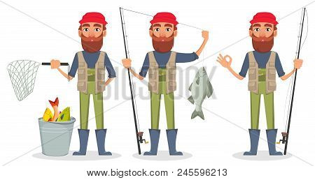 Fisher Cartoon Character, Set Of Three Poses. Fishermen With Fishing Rod And Fish, With Bucket And W