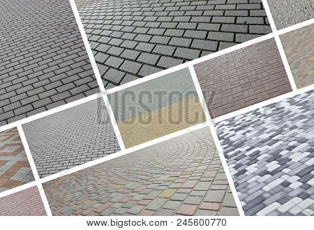 A Collage Of Many Pictures With Fragments Of Paving Tiles Close-up. Set Of Images With Pavement Ston