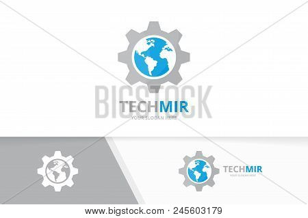 Vector World And Gear Logo Combination. Earth And Mechanic Symbol Or Icon. Unique Globe And Industri