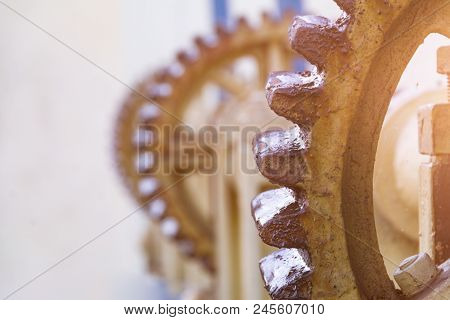 Vintage Elevator Gear, Winch, Cable, Large Gears For Backdrop