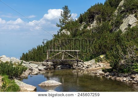 Landscape With Wooden Bridge Over Banderitsa River, Pirin Mountain, Bulgaria