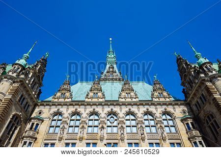 Beautiful Famous Hamburg Town Hall Building With Green Colored Roof In Altstadt Quarter, Hamburg, Ge