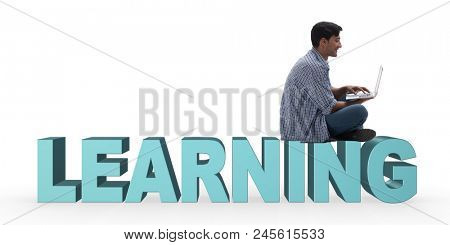 Young man in telelearning concept with laptop and books