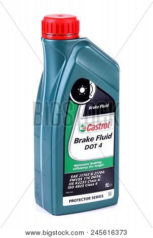 Novyy Urengoy, Russia - June 17, 2018: Plastic Bottle Of The Brake Fluid Castrol Dot4 Isolated Over 